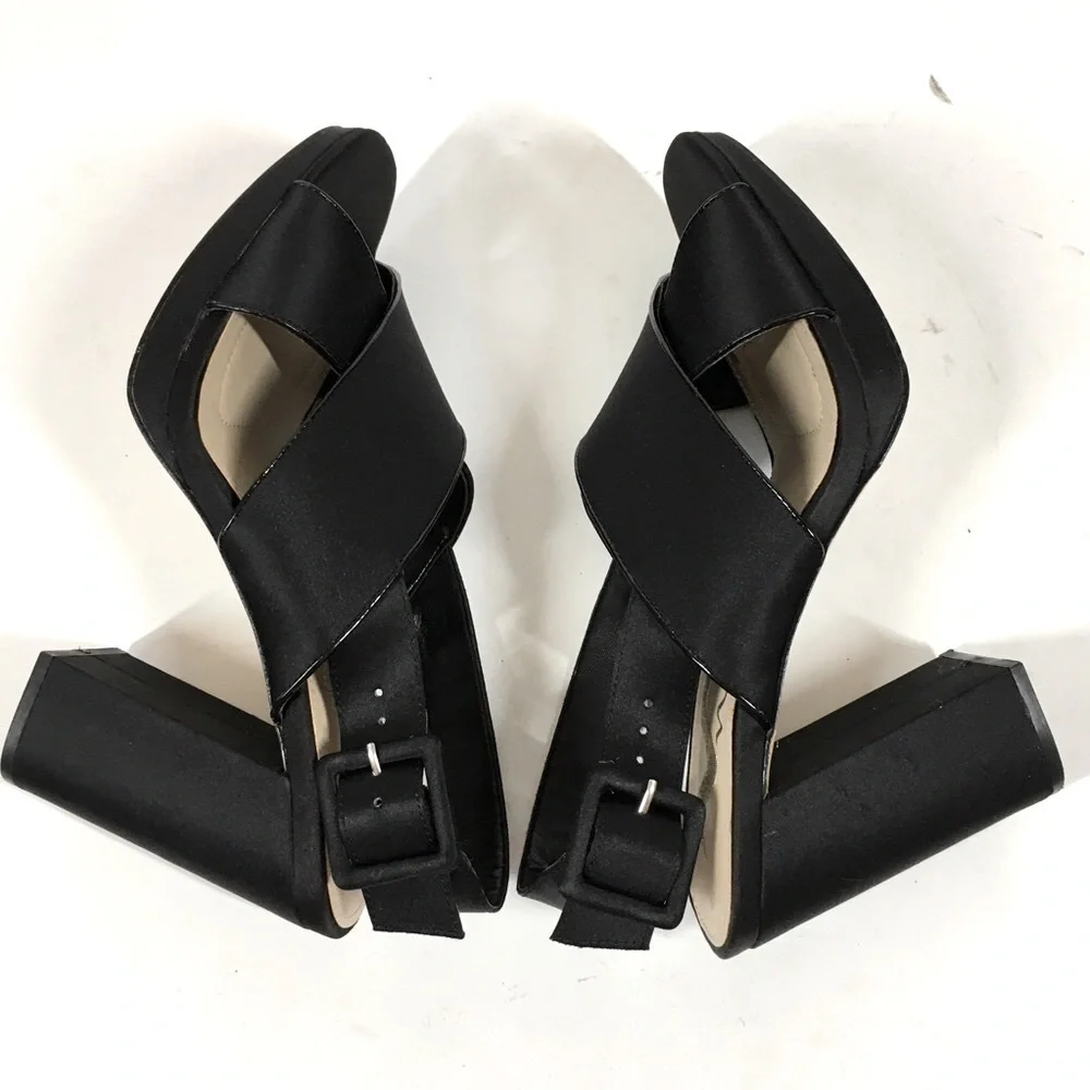 Nina New York Black Criss Cross Straps Platform Open Toe Sandal Heels Size 7.5M
